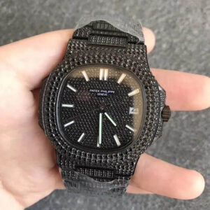 Best PPF Factory Replica Patek Philippe Nautilus 5719/10G-010 Full Diamond Black Strap For Sale - Replica Watch Wholesale
